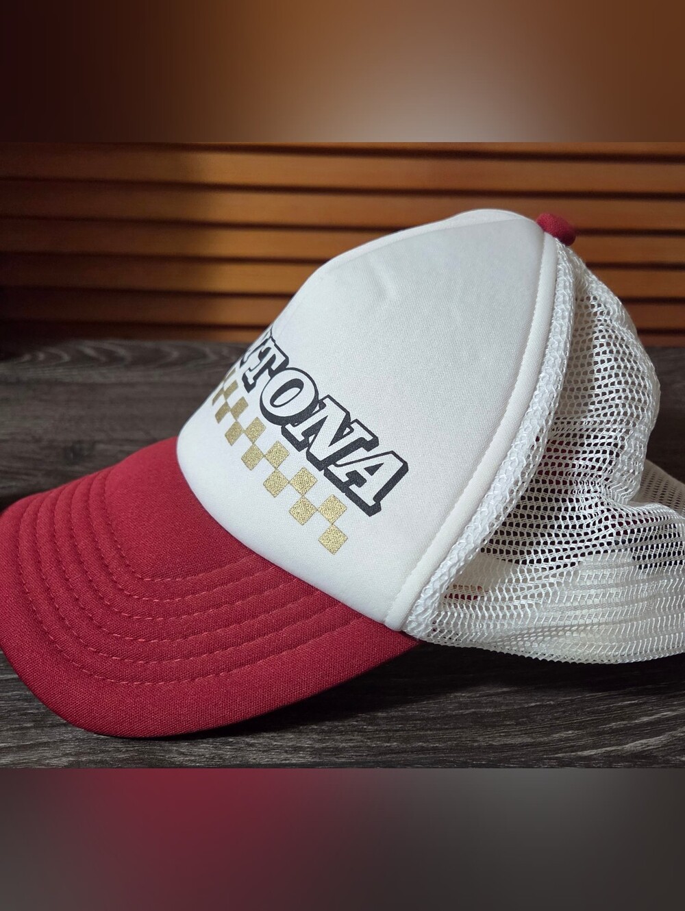 Red and White Trucker Cap with Gold Check Detail